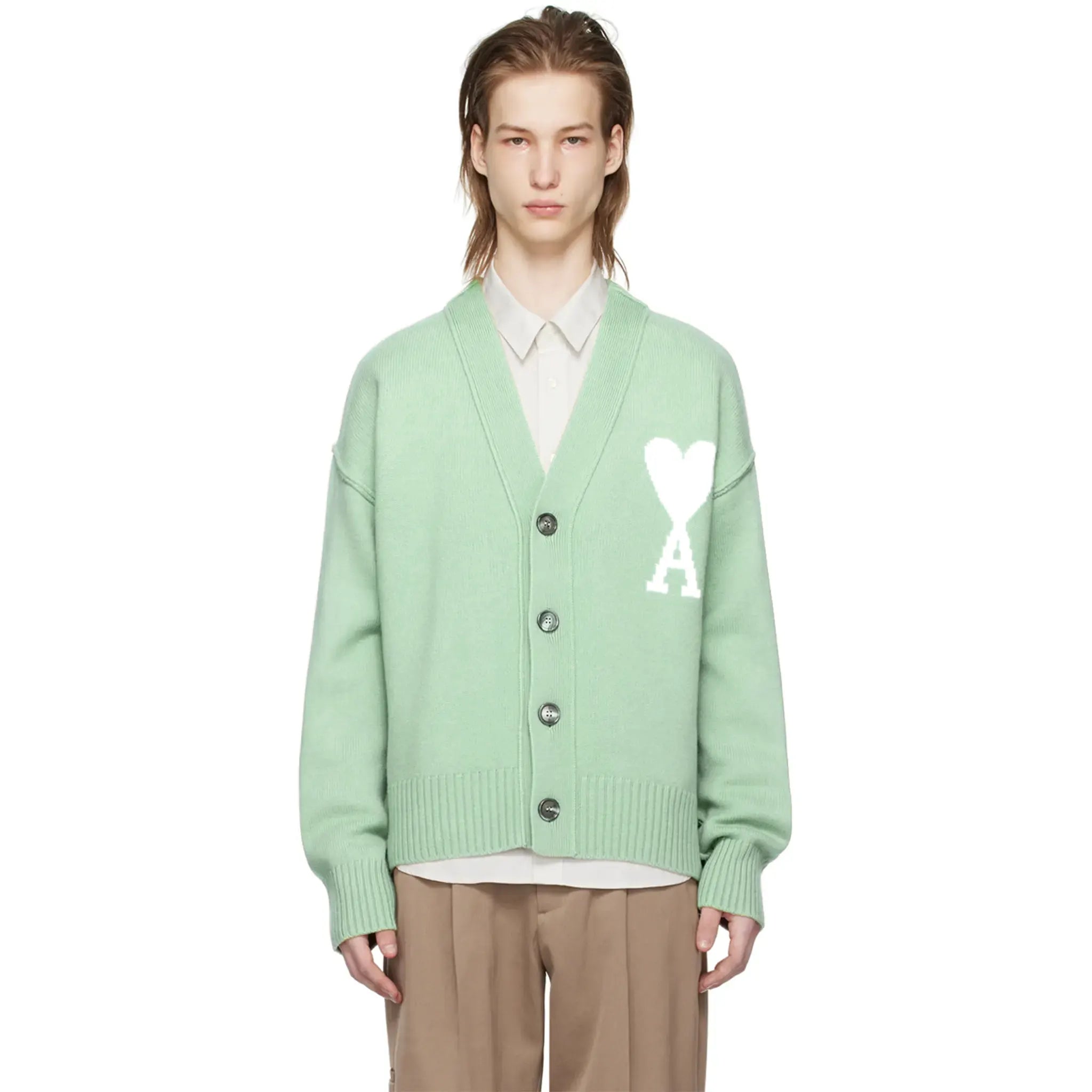 Model front view of Ami Paris Ami De Coeur Green Cardigan
